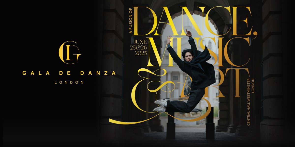 Promotional poster for Gala de Danza 2025 in London, featuring a dancer mid-air in black.